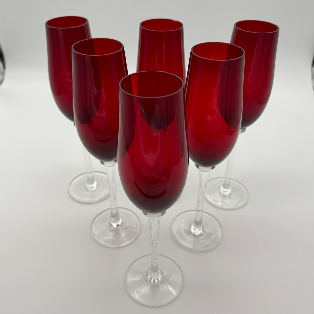 Vintage Ruby Red Champagne Flutes Set of 6 Clear Stem Glass Toasting Glasses